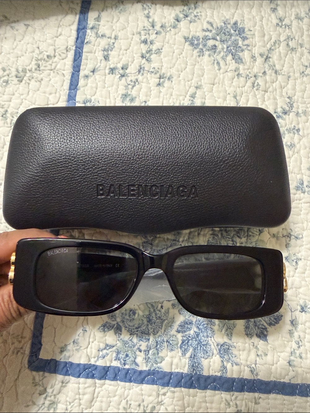Balenciaga Black Rectangular Sunglasses with Logo Case